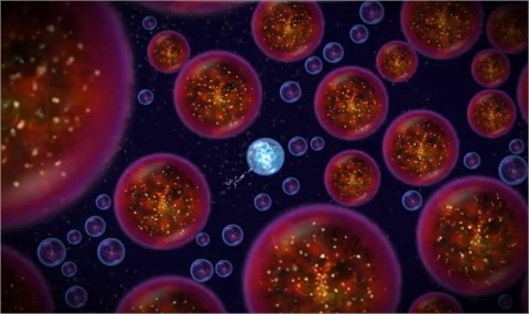 A screenshot of Osmos. You control the bright bubble-like organism.