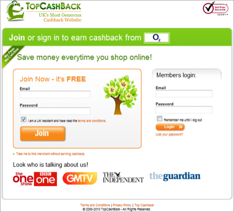 Top Cashback sign-up form Top Cashback sign-up form
