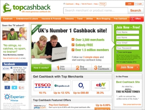 Top Cashback's homepage Top Cashback's homepage