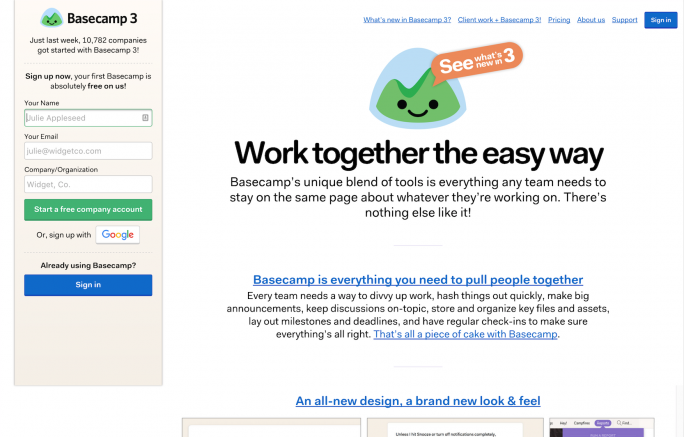 Basecamp's homepage