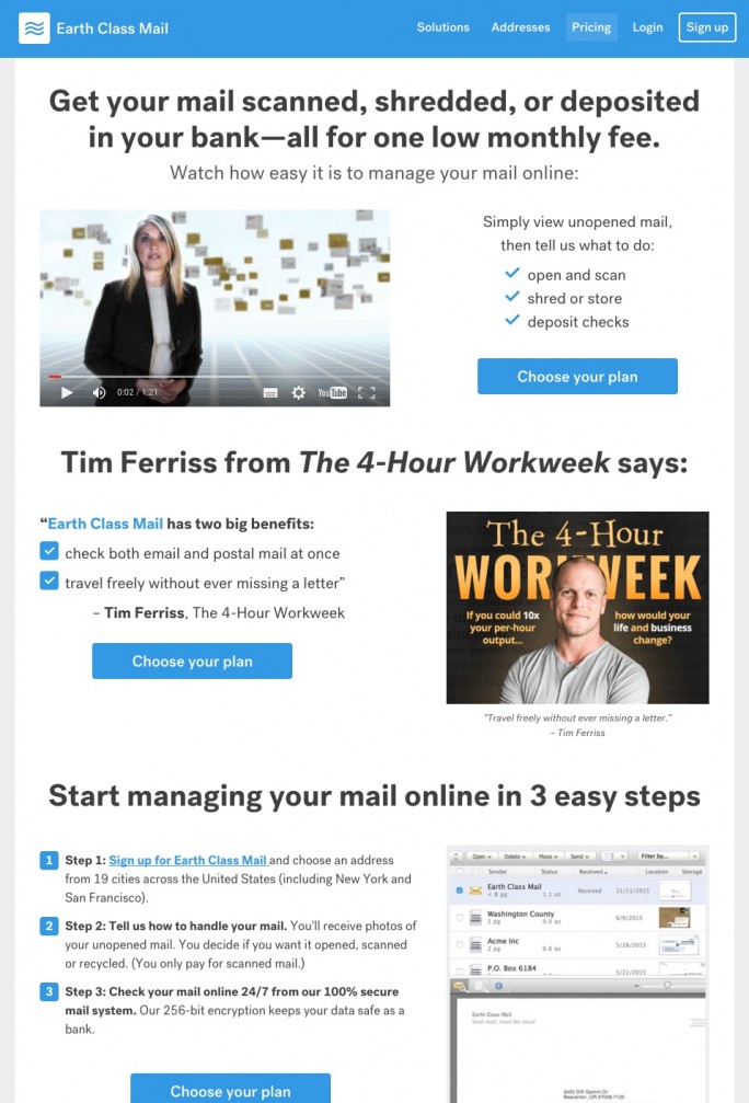 Earth Class Mail's landing page