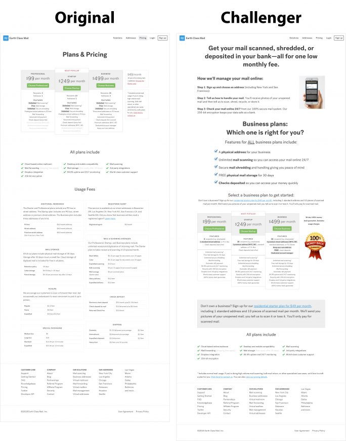 Pricing page - original v challenger